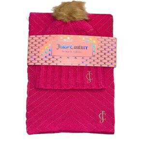 Juicy Couture 2 Piece Hot Pink Knit Hat & Scarf Gift Set Faux Fur Pom Pom Beanie